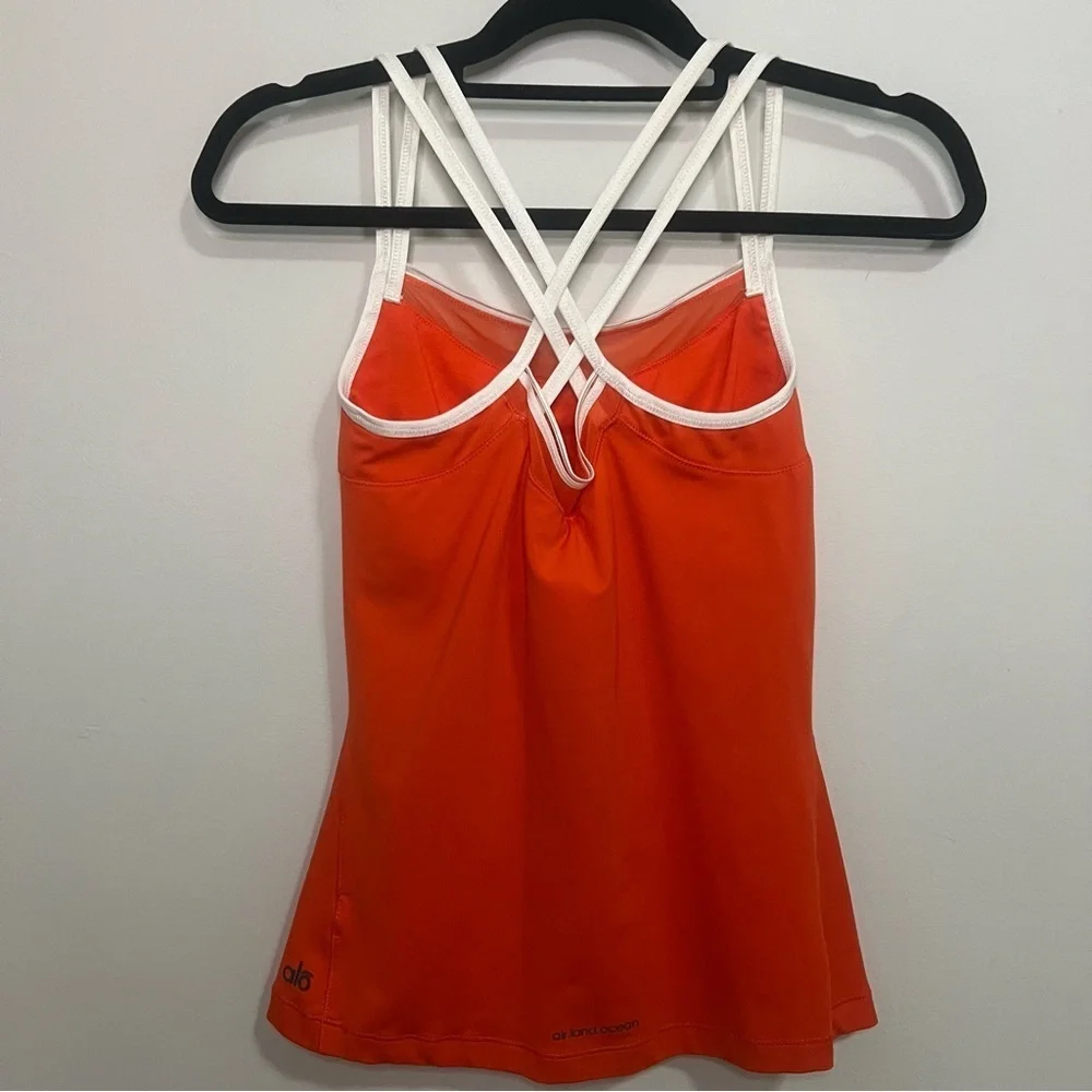 ALO Yoga Orange Workout Tank with White Criss Cross Straps Mesh Workout Athletic